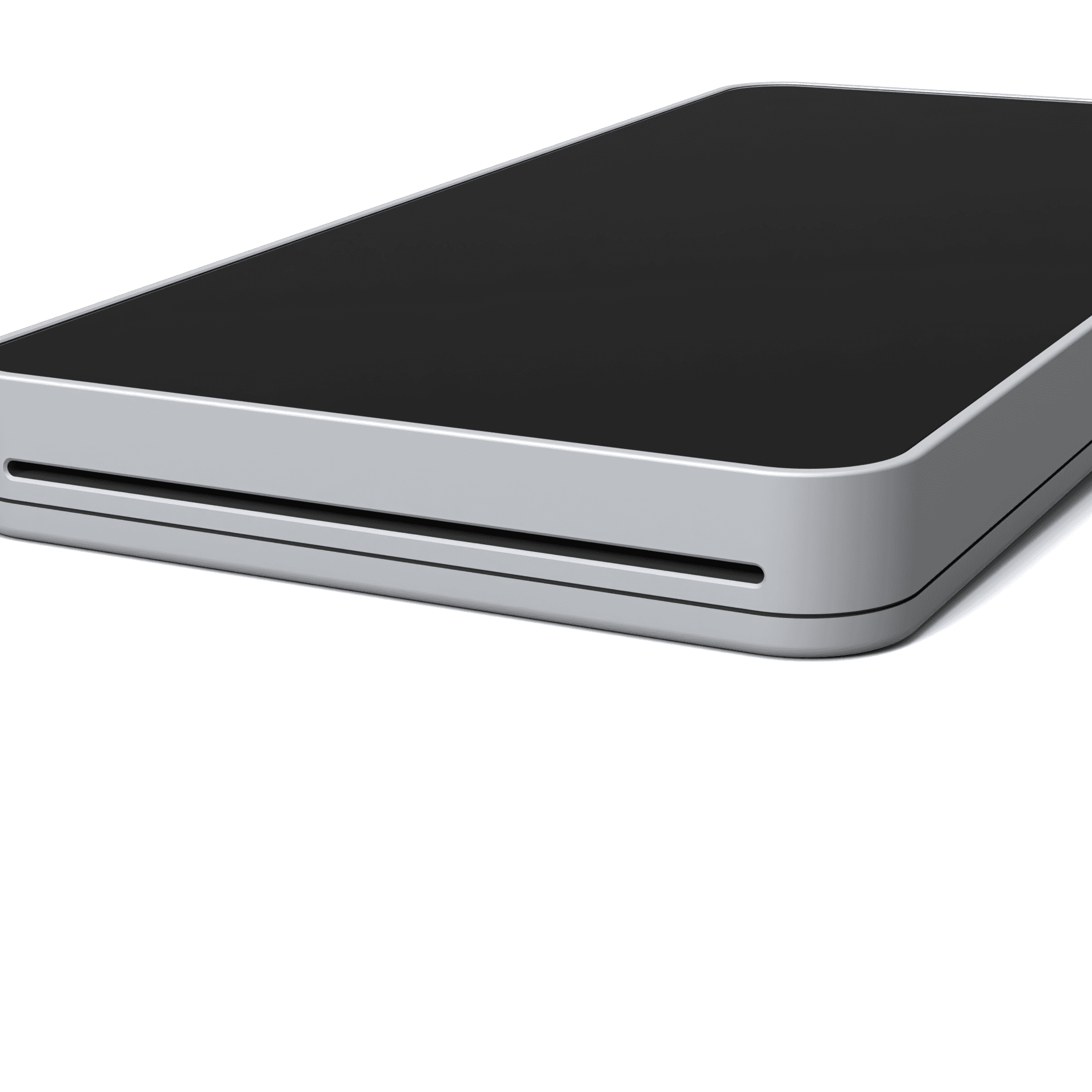The base edge of a slab card terminal, with a card slit along it.
