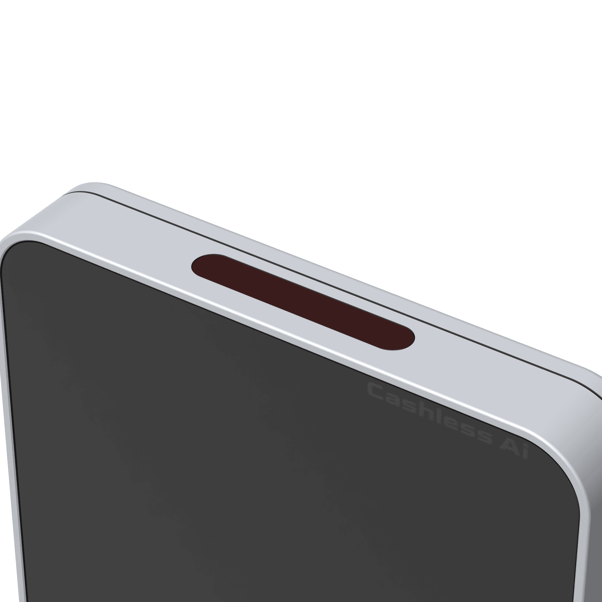 The top edge of a slab card terminal, with a dark barcode window set into it.