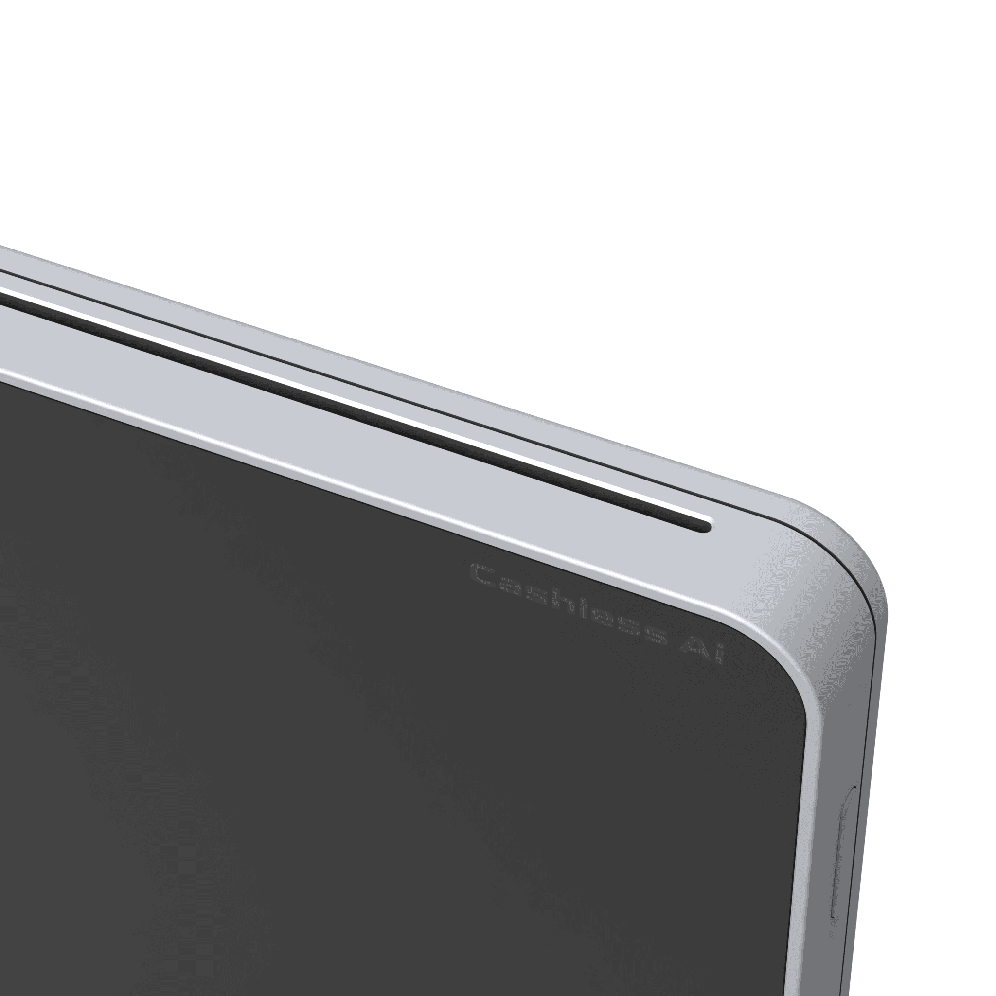 The top corner of a square card terminal, with a card slit along its side edge.