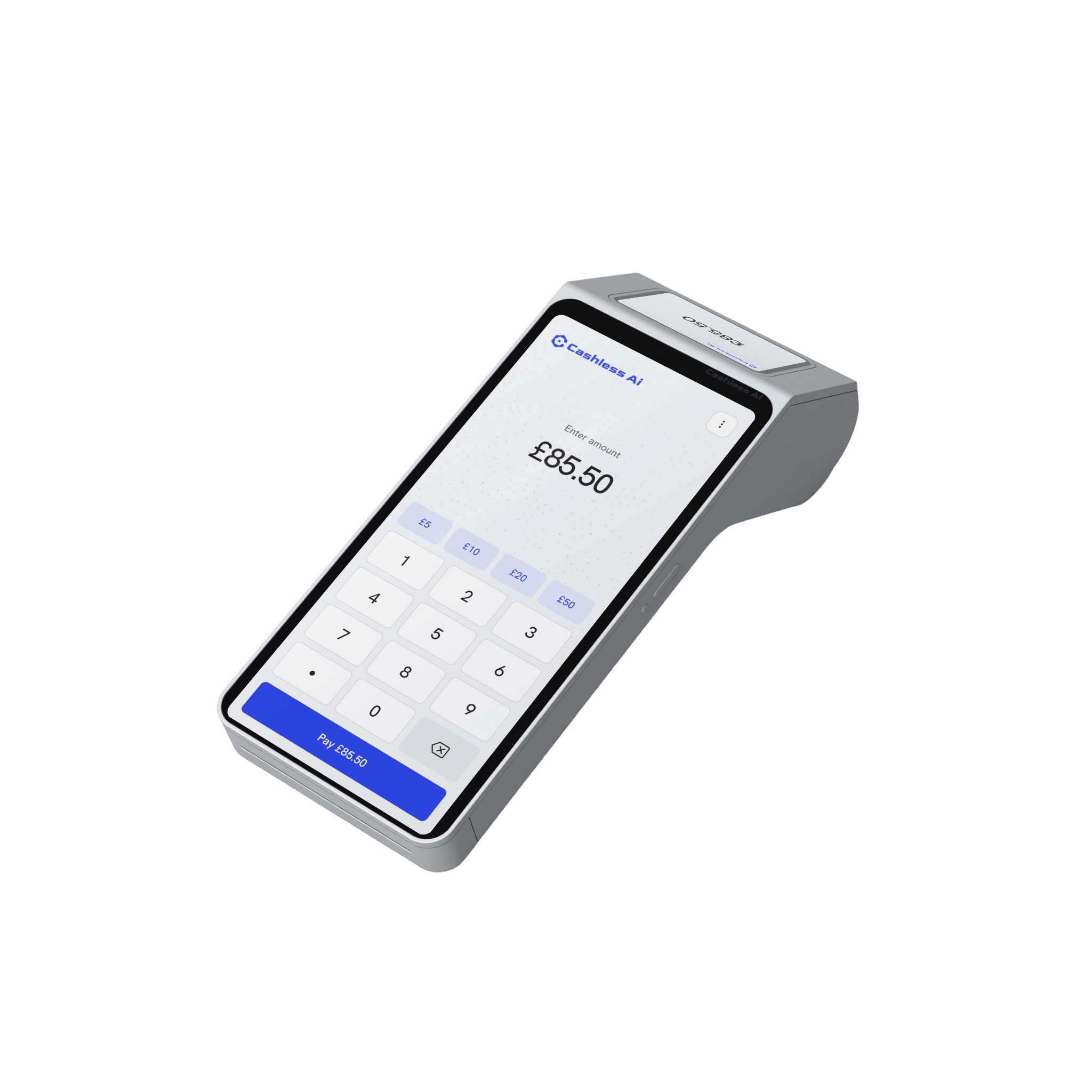 A card terminal held at an angle, its keypad screen showing an amount of £85.50 ready to pay.