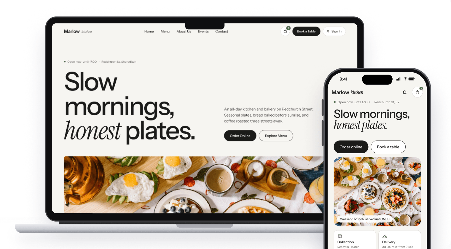 A laptop and a phone showing a restaurant's own website and ordering app
