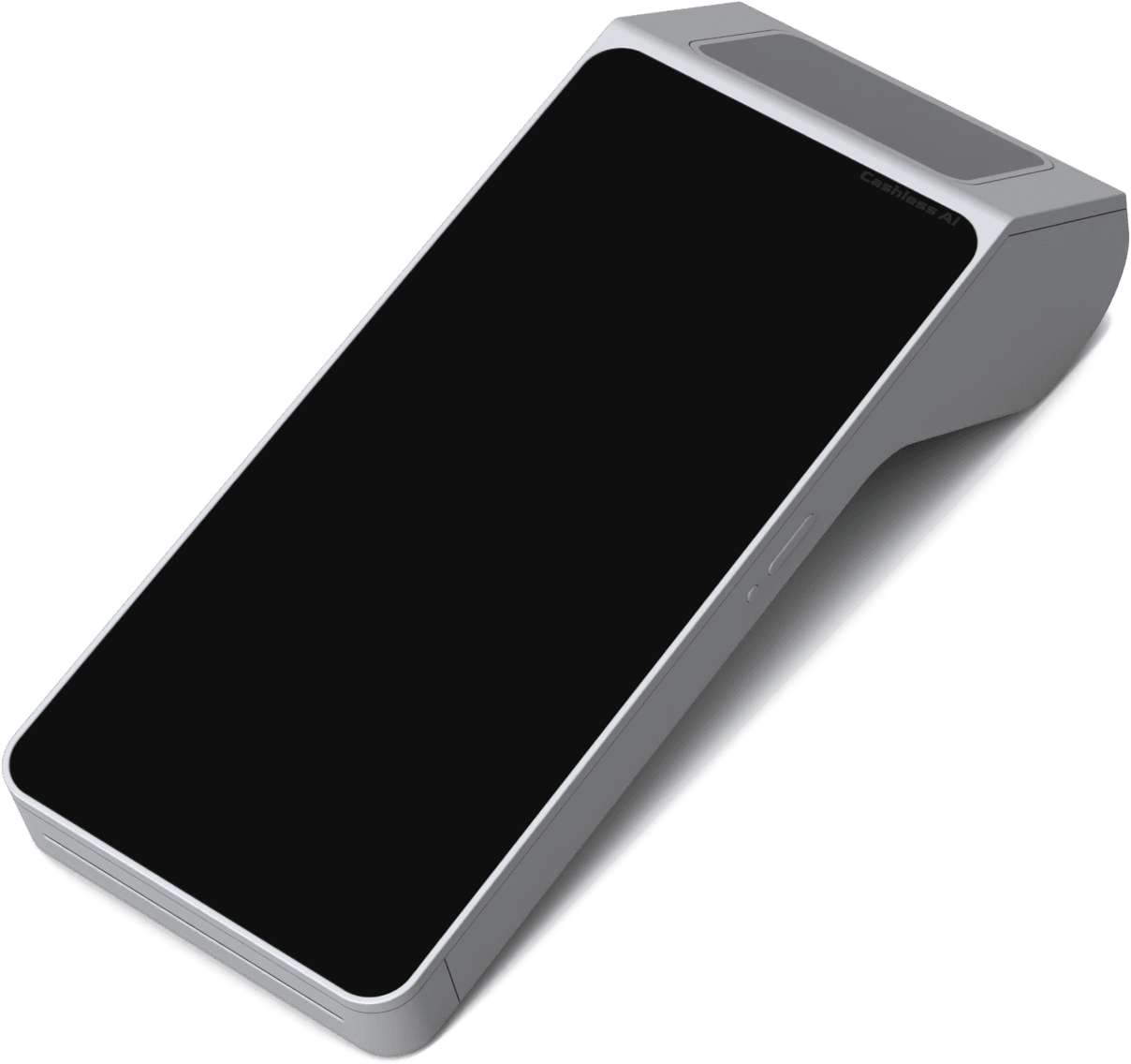 A handheld card terminal with a receipt printer built into its top edge.