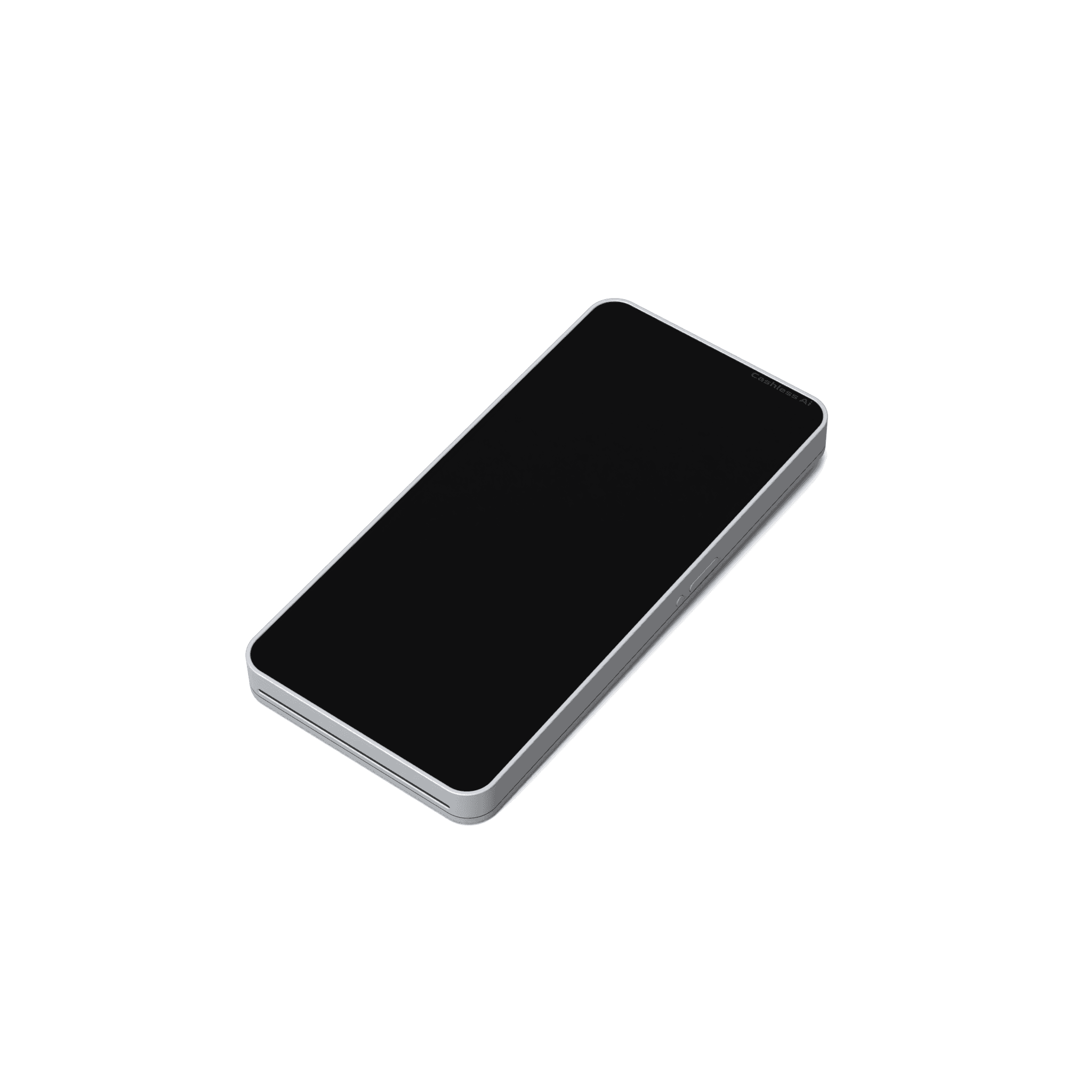 An elongated slab card terminal seen from above and to one side, its screen dark.