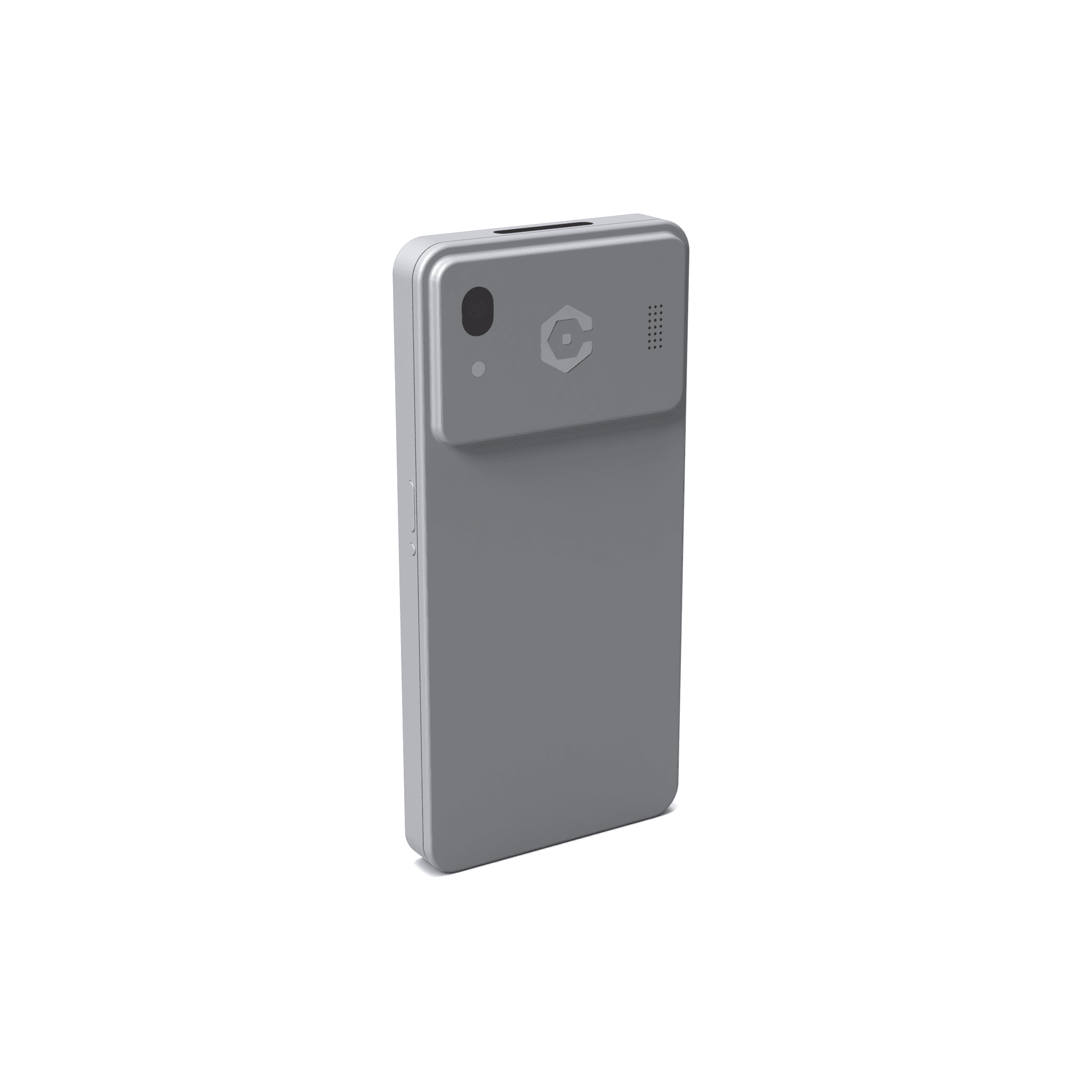 The back of the tall handheld card terminal, its camera and logo near the top.