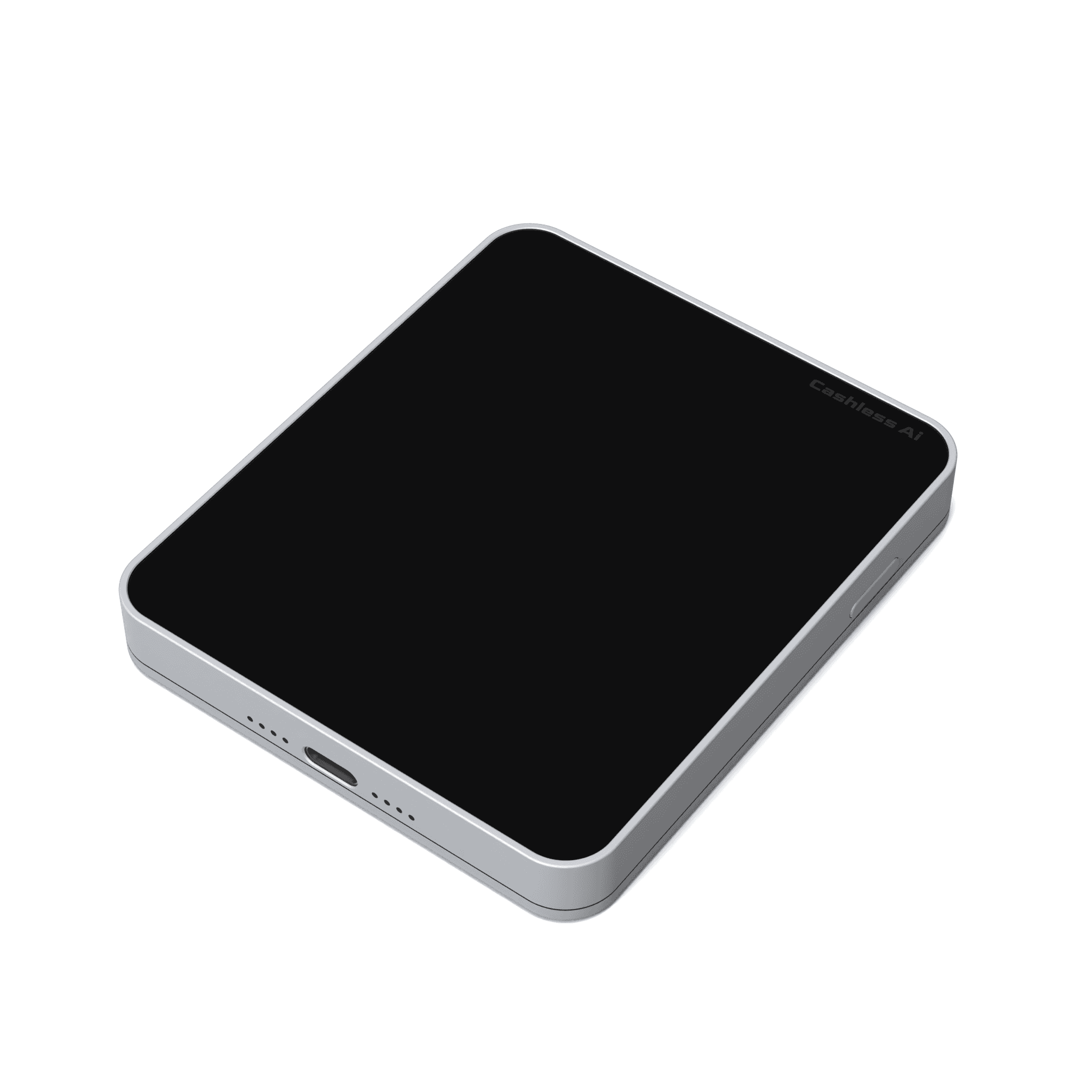 A compact square card terminal seen from above and to one side, its screen dark.