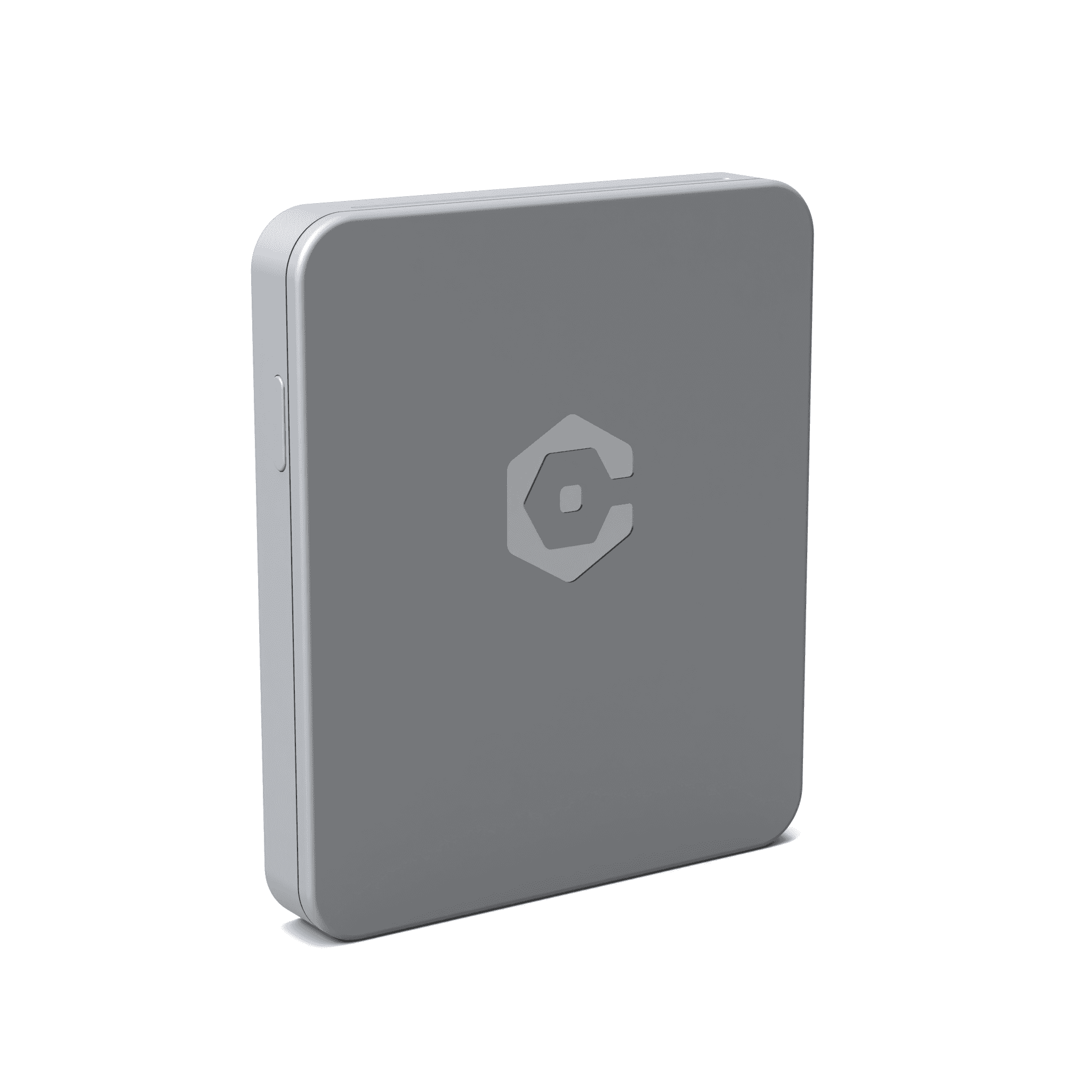 The back of the squarish card terminal, the logo marking the tap pad.