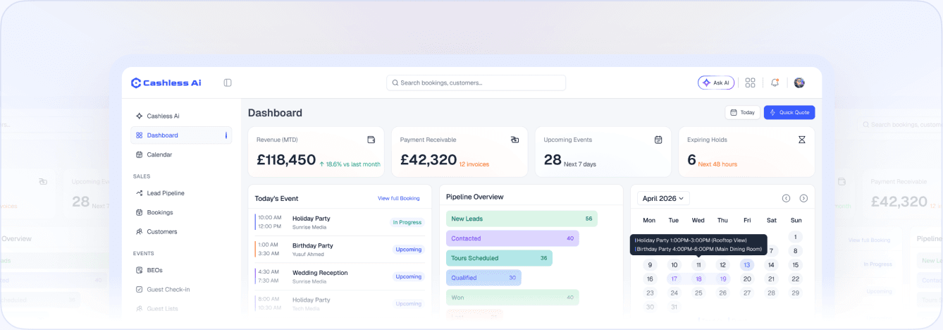 The event management dashboard, showing revenue totals and a booking calendar
