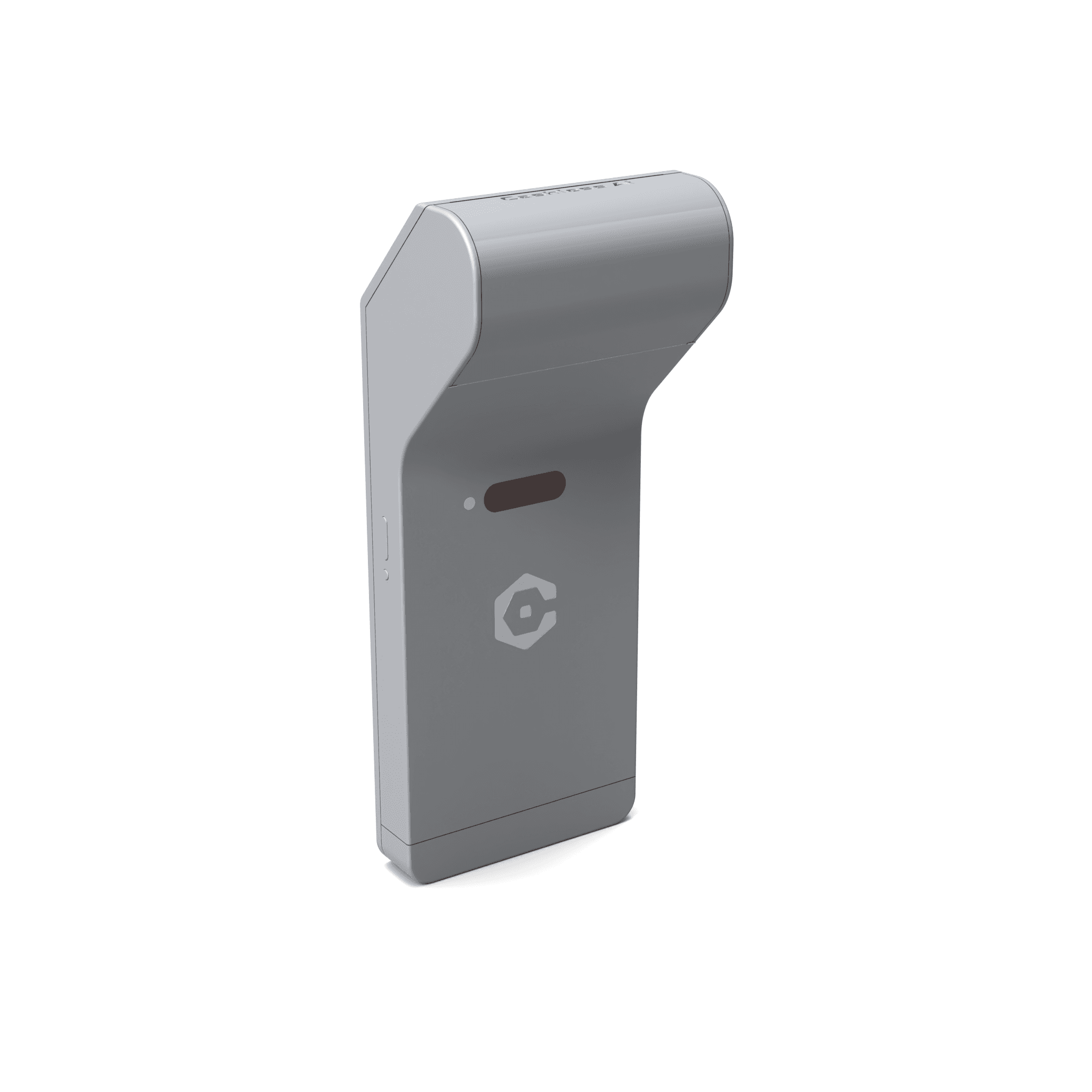 The back of the card terminal with the raised housing, its scan window below the printer.