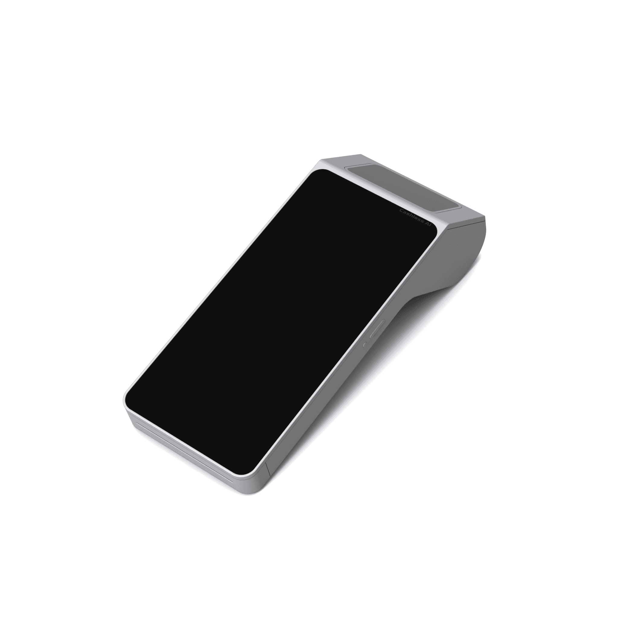A handheld card terminal with a raised rear housing, seen from the front.