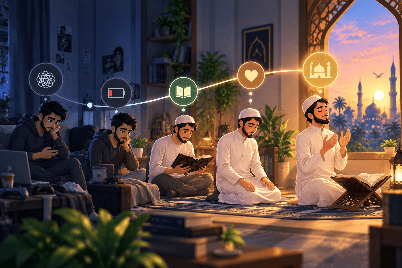 Five stages of one man across a single room, moving from slumped over a phone in the dark to kneeling in prayer in warm light, a lit thread joining them.