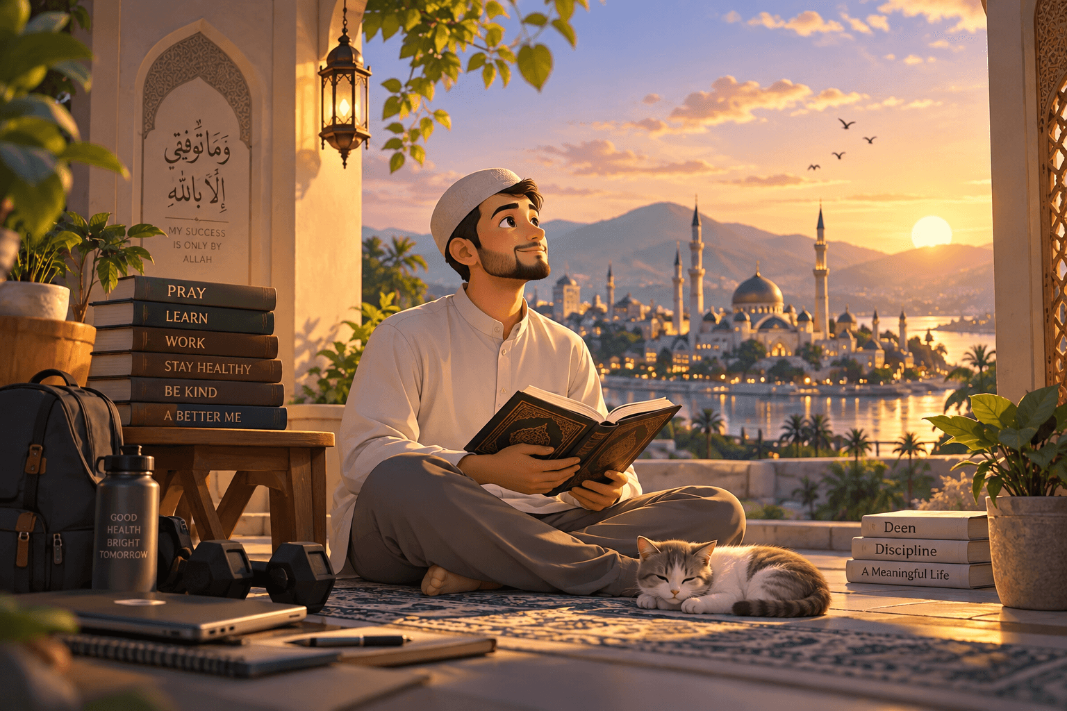 The same man on a terrace at sunset, looking up from a book, a stack of volumes on prayer, learning, work and kindness beside him and a cat asleep at his feet.