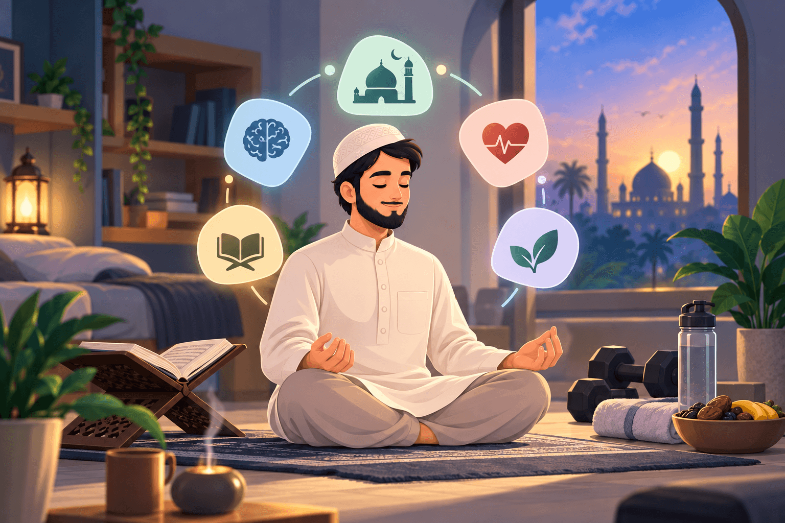A young man sitting cross-legged on a prayer rug at dusk, an open Qur'an on a stand beside him, weights and fruit at hand, a lit city beyond the window.